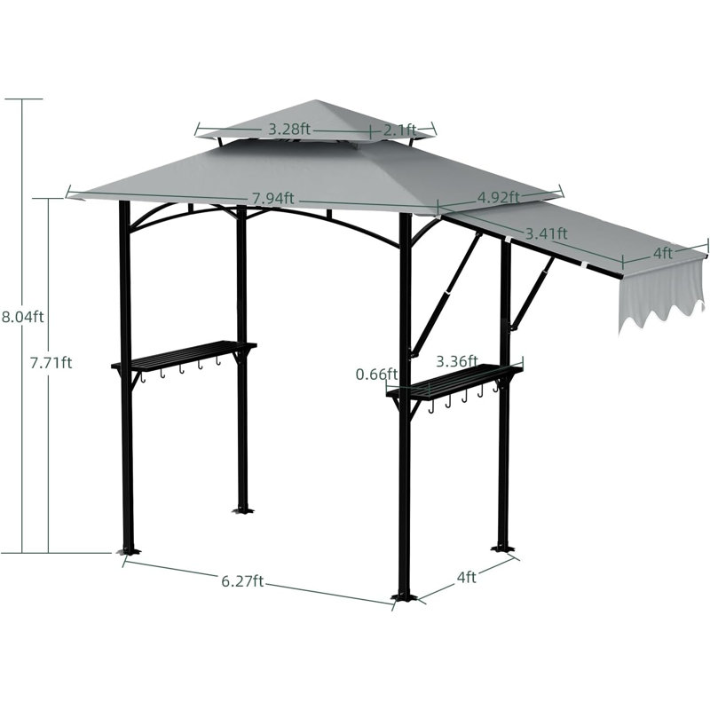 Pavillon de jardin 8 pi x 5 pi avec auvent à deux niveaux, abat-jour réglable, lumières et tablettes à DEL, structure en acier noir, pavillon de patio extérieur pour barbecue, gris