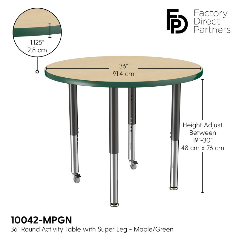 Table ronde à hauteur réglable, 36", Érable / vert / noir, Super