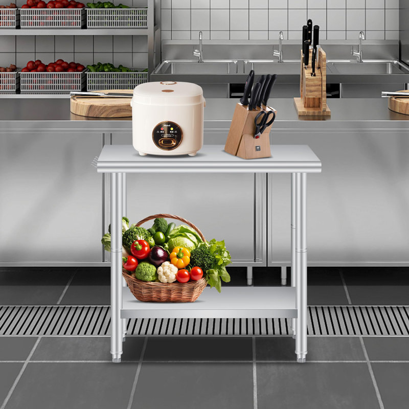Table de travail de laboratoire certifiée NSF en acier inoxydable - Tablette réglable, 4 crochets - Banc de préparation et utilitaire robuste de calibre 18 pour laboratoire, restaurant, cuisine, garage, atelier - argent - 36 po x 24 po