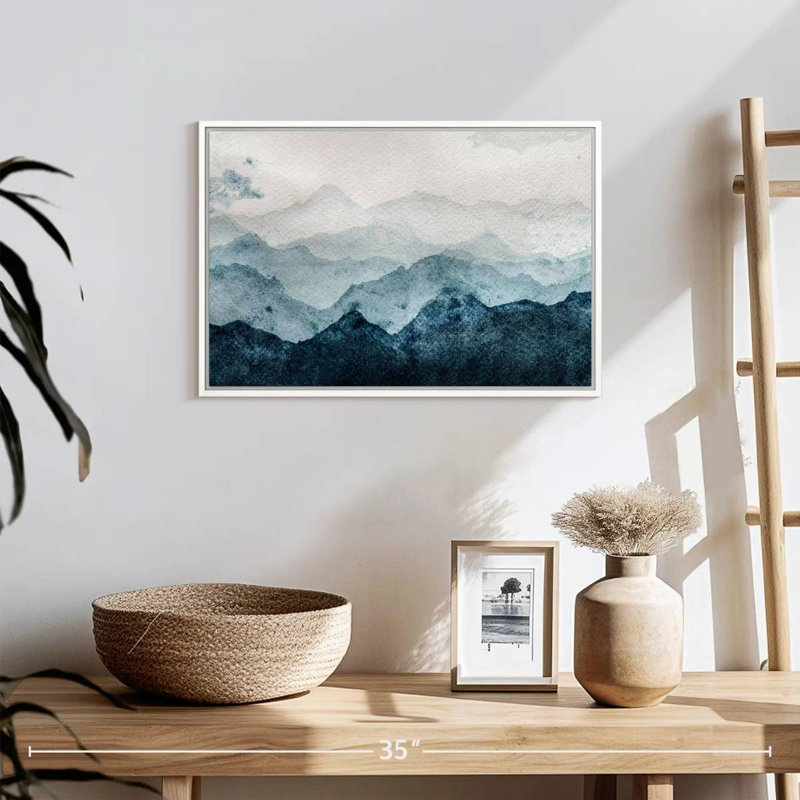 Paysage de montagne japonais, 19 po x 13 po, Cadre flottant blanc