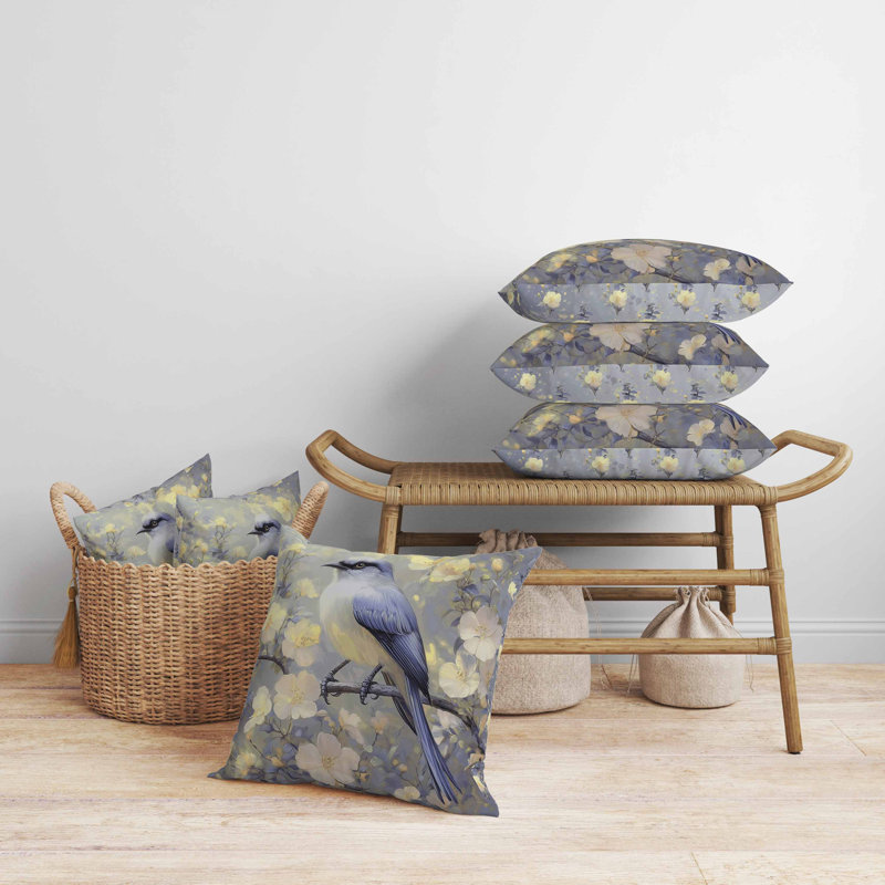 Oreiller floral en faux suède, Bleu/jaune, Carré 26 po