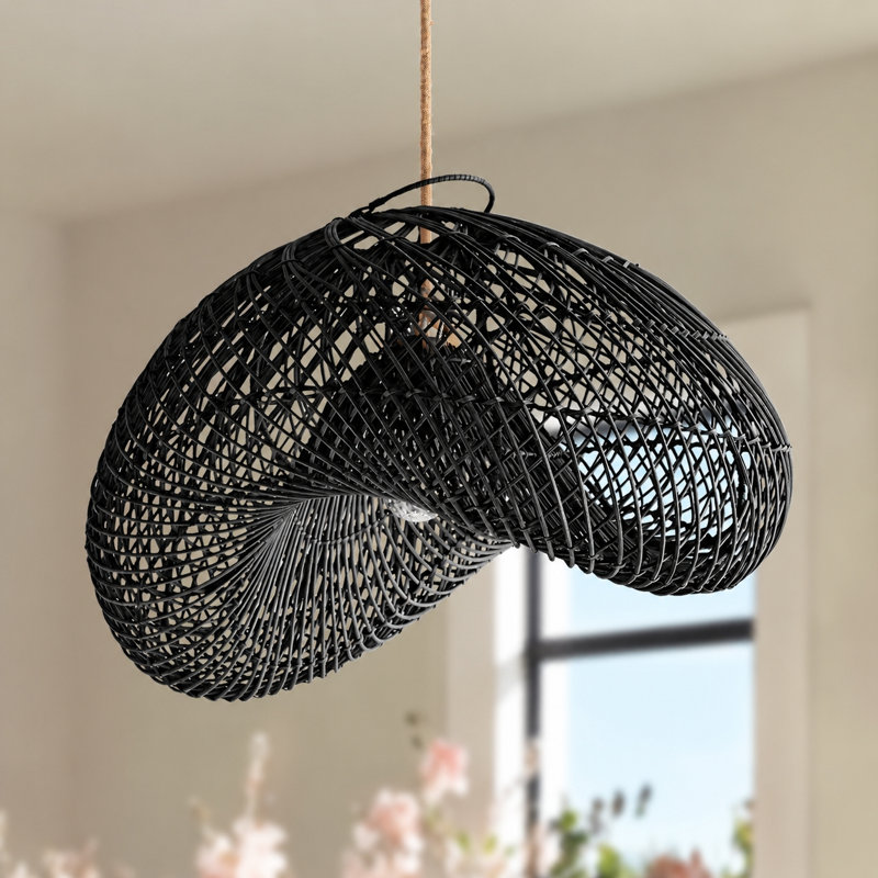 Lucian Rattan Pendant Light - 28" Black Handwoven Adjustable Ceiling Light For Kitchen Island, Dining Room or Living Room in Modern and Farmhouse Style