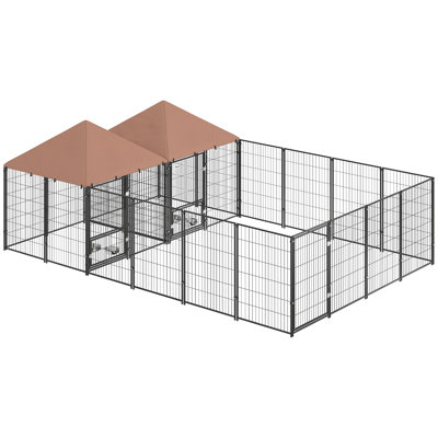 Chenil pour chien à l'extérieur avec 2 pièces, grand chenil extérieur avec bols rotatifs et réglables en hauteur, auvent imperméable et résistant aux rayons UV, parc d'enclos pour animaux soudé, 13,5 pi x 9,4 pi x 5,1 pi