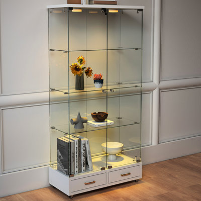Vitrine moderne en verre avec DEL à 13 couleurs, 4 tablettes et 2 tiroirs pour un assemblage rapide avec lumières DEL blanches antiques et tablettes de porte