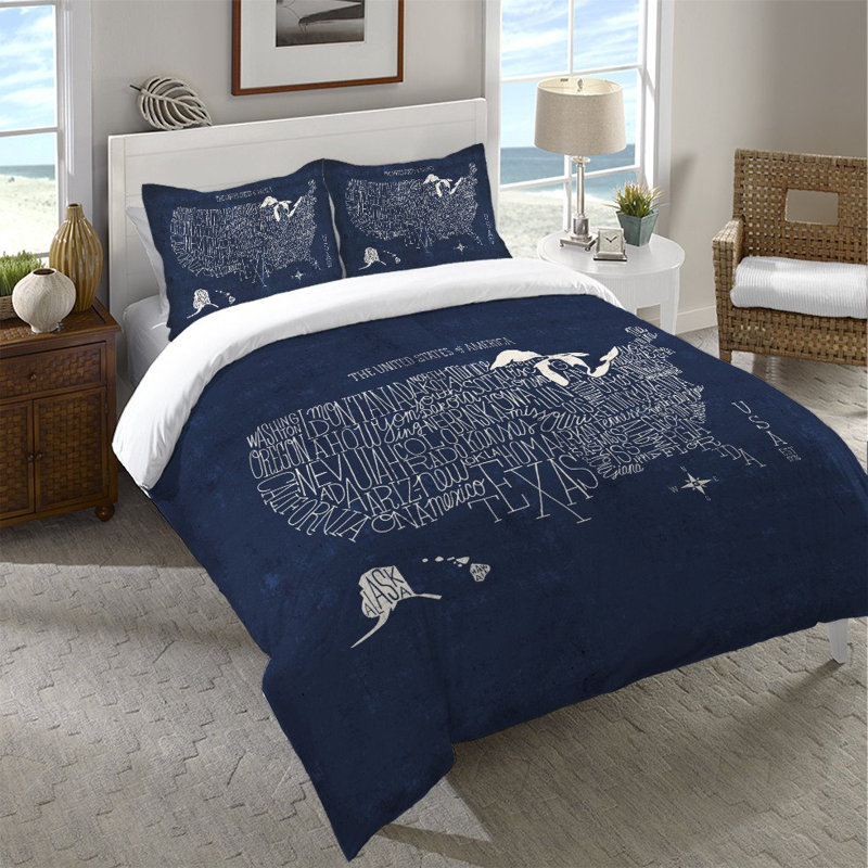 Hand Lettered US Map Blue Cotton King Duvet Cover