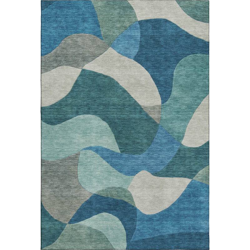 Premium Machine Washable Mayfield AMF2141 abstract Rug, Teal, 5' x 7'6"