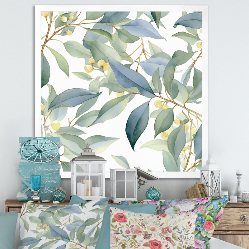 «White Green Minimalisme Eucalyptus Essence I» sur toile, H 30 po x l 30 po x P 1 po, Cadre simple blanc