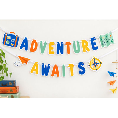 Bannière « L'aventure vous attend » pour fête prénatale, guirlande sur le thème du voyage, décoration carte du monde en papier