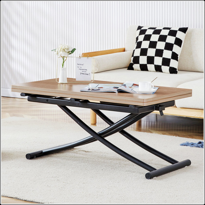 Table de levage multifonctionnelle moderne, hauteur réglable pour diverses utilisations, bureau en grain de bois et pieds en métal noir