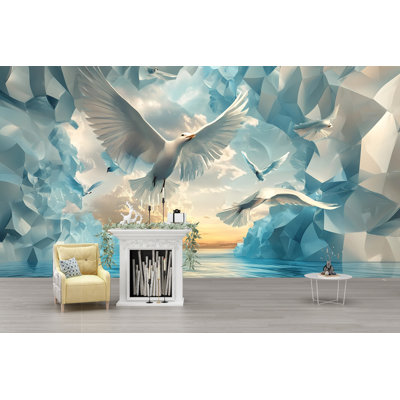 Papier peint Mouettes volantes parmi les falaises de glace - Peinture murale de paysage océanique avec oiseaux et ciel coucher de soleil pour une chambre à coucher côtière, un salon ou une décoration murale audacieuse 