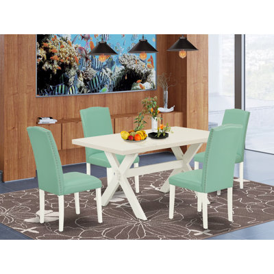 Ensemble de table de cuisine 5 pièces pour 4 personnes comprenant une table de salle à manger rectangulaire à pattes en X et 4 chaises de salle à manger Parsons en similicuir Pond, multicolores