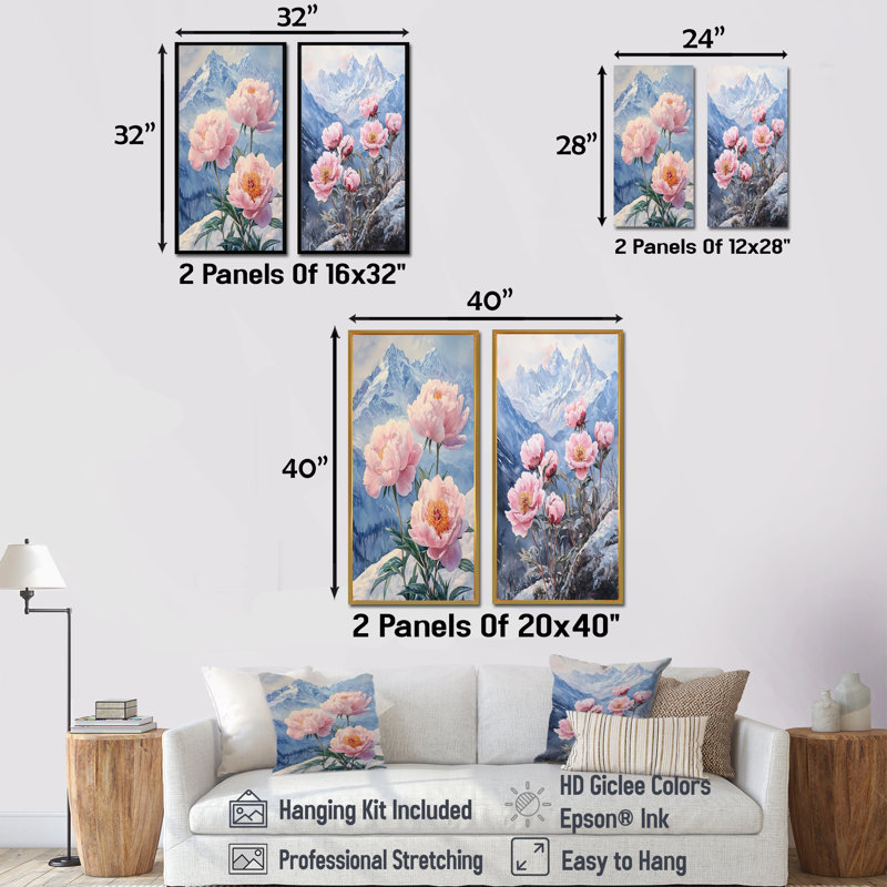 Pivoines par les sommets enneigés I - décoration murale en toile florale 2 panneaux, H 40 po x l 41 po, Cadre flottant noir