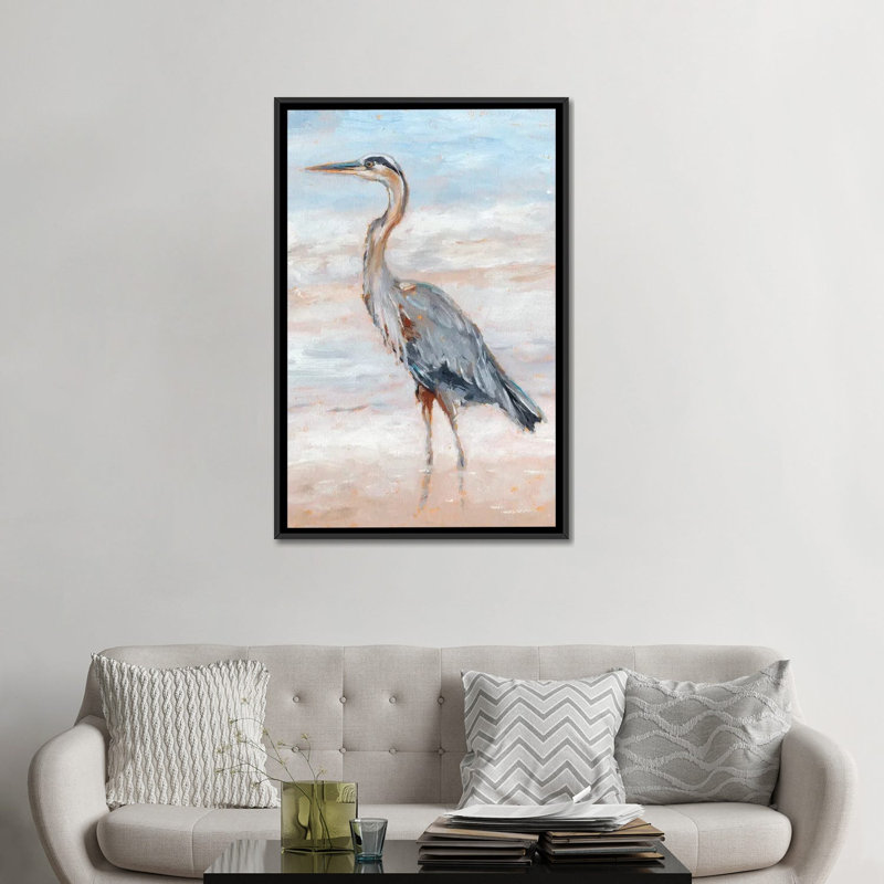 «Beach Heron II» par Ethan Harper - reproduction d'art, H 48 po x l 32 po x P 1,5 po, Toile avec cadre noir, Pas de tapis