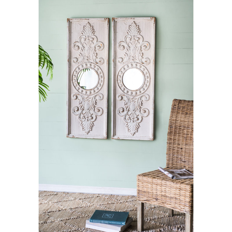 De 2 panneaux muraux en bois de 17 po x 48 po, blanc vieilli avec miroirs ronds, fabrication en bois de sapin robuste pour la décoration de 2 grands panneaux, 17 po x 48 po, finition et intérieur de la maison