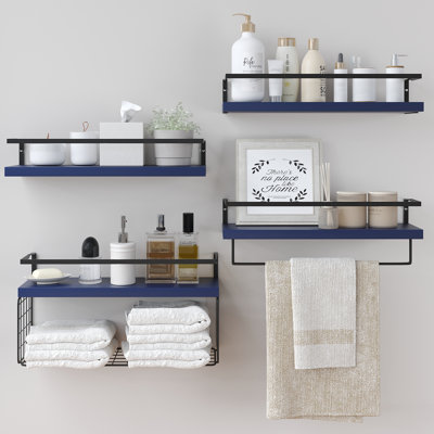 Étagères murales flottantes en bois - Étagères murales rustiques à 4+1 niveaux pour salle de bain, au-dessus des toilettes, avec panier de rangement en fil métallique et porte-serviettes, ensemble de 4 étagères flottantes de style ferme pour salle de bain, cuisine, bleu marine.