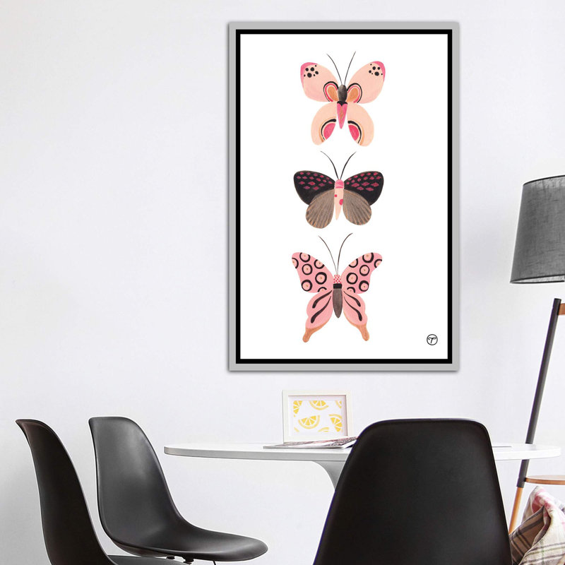 «Butterfly Trio», art encadré, H 60 po x l 40po x P 1,5 po, Toile avec cadre argenté