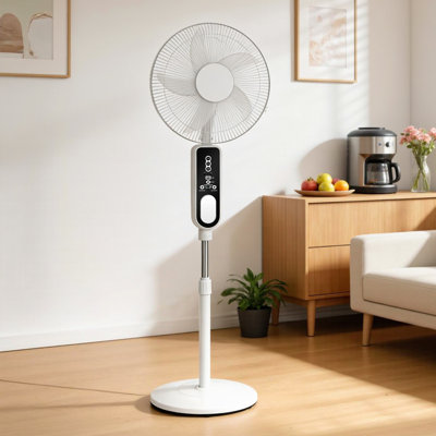 Ventilateur sur piédestal de 16 po avec lumière DEL intégrée - Ventilateur sur pied oscillant à 5 vitesses, refroidissement portatif à piles pour les pannes de courant de camping, de patio et d'urgence, hauteur et inclinaison réglables