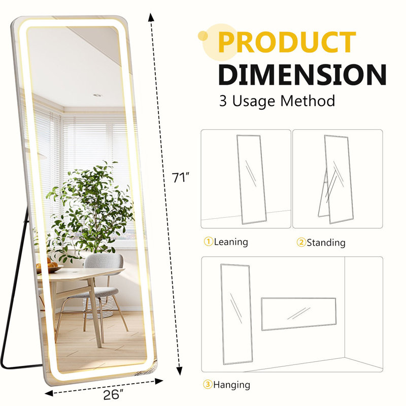 Mirror Full Length With LED Lights,Full Body Wall Mirror, Lighted Floor Standing Mirror, Hanging Or Leaning W/Dimming 3 Color Lighting, Tall Mirror For Modern Home Decor
