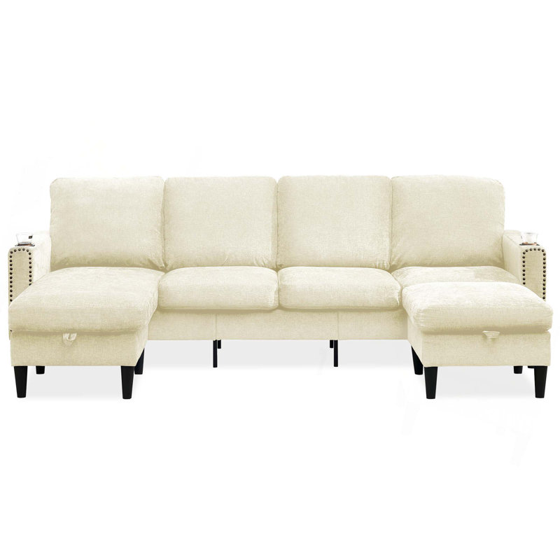 4 Seat Comfy Modular Sofa Couch, Off White Chenille