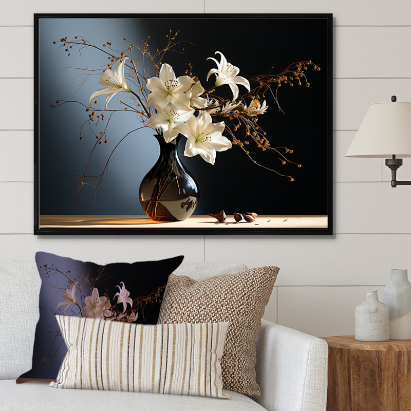 Morning Glory Bouquet Vase sur toile, Cadre flottant noir, H 16 po x l 32 po x P 1 po