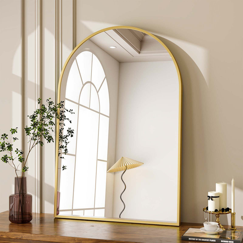 Lilaram Arched Metal Framed Wall Mirror Bathroom Mirror, 96.5cm H x 66cm W, Flax Gold