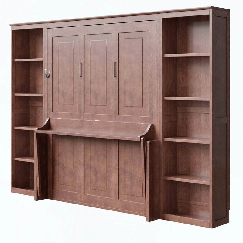 Grand lit escamotable avec bureau et tablettes, Marron foncé