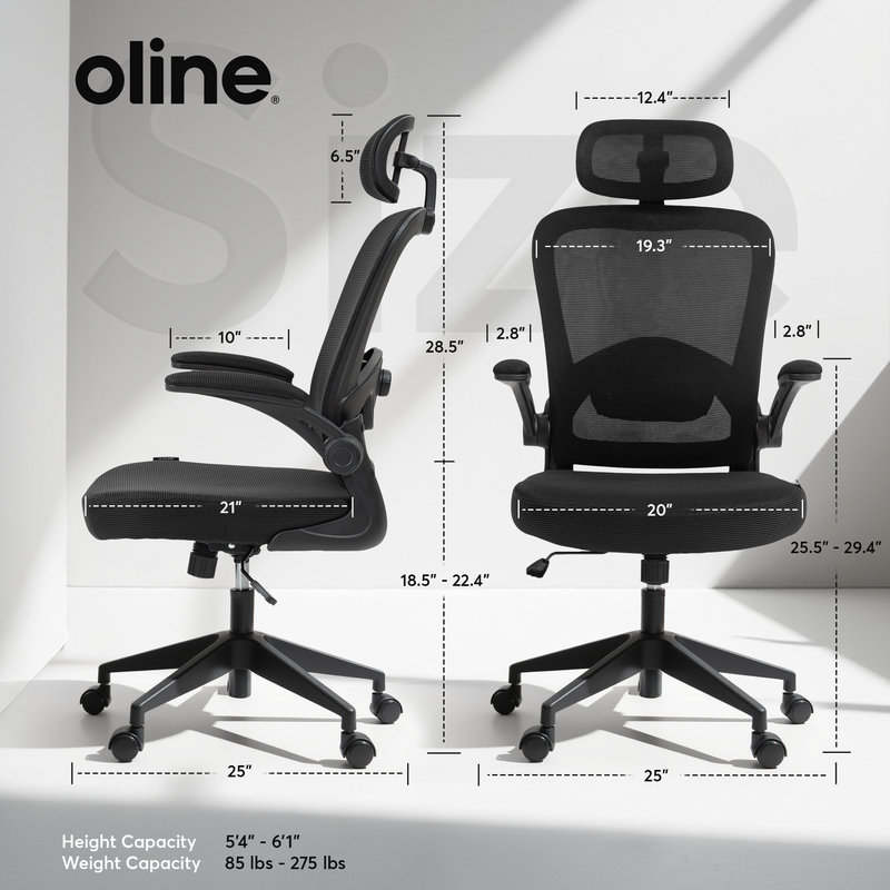 Oline ErgoAir Ergonomic Office Chair – Adjustable Lumbar Support, Flip-Up Armrests, Mesh Computer Desk Chair, Swivel Rolling Executive Gaming Chair for Home & Office