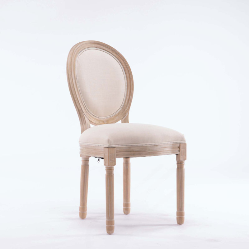 Chaise de salle à manger style français avec structure en bois massif et dossier ovale en lin