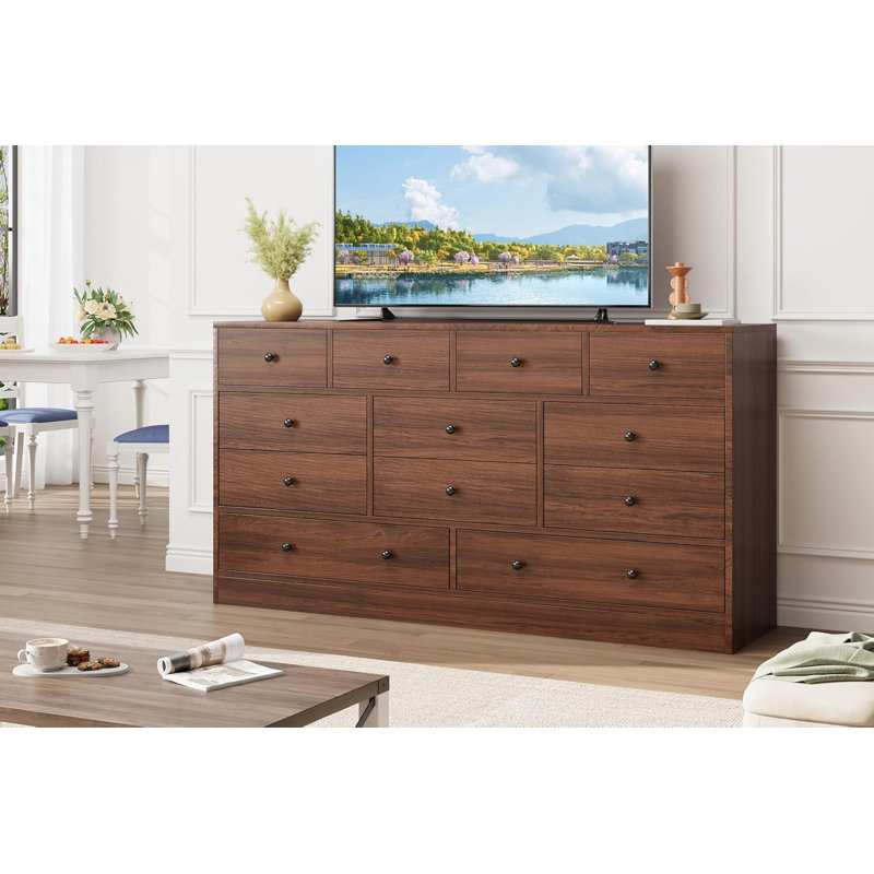 12 Drawer Dressers, Chests Of Drawers, 61'' Wood Storage Drawer Dresser With Power Outlet, Brown