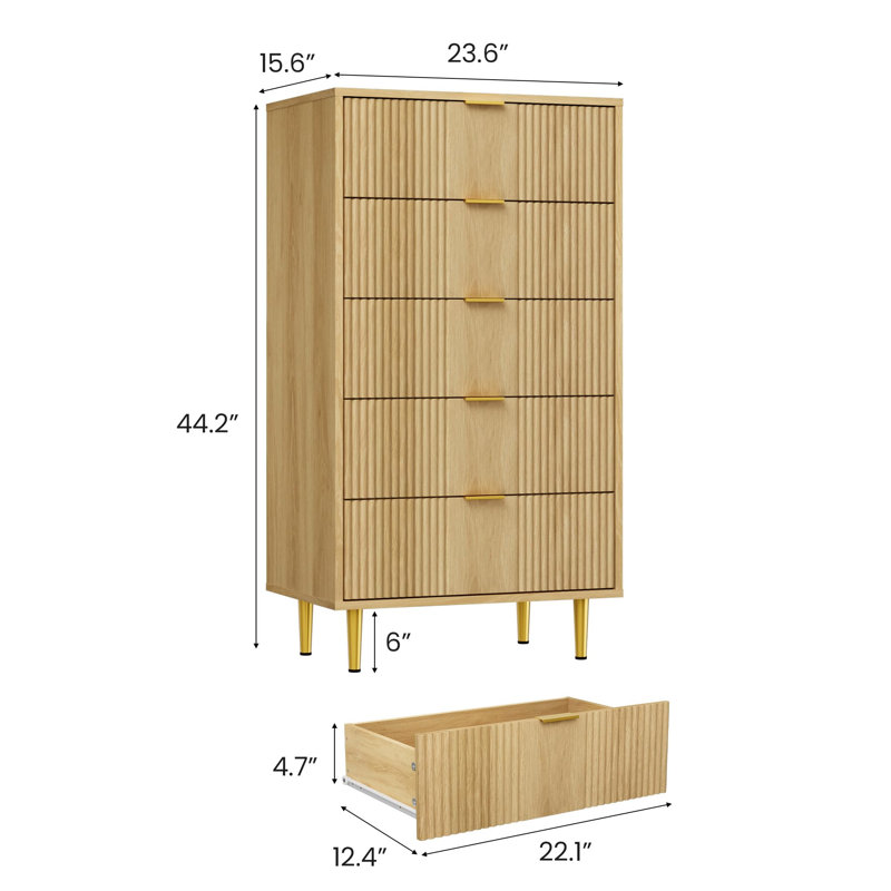 Fluted Dresser for Bedroom with Drawers, Tall Modern Chest of Drawers with Metal Handle, Wooden Closet Clothes Storage Organizer