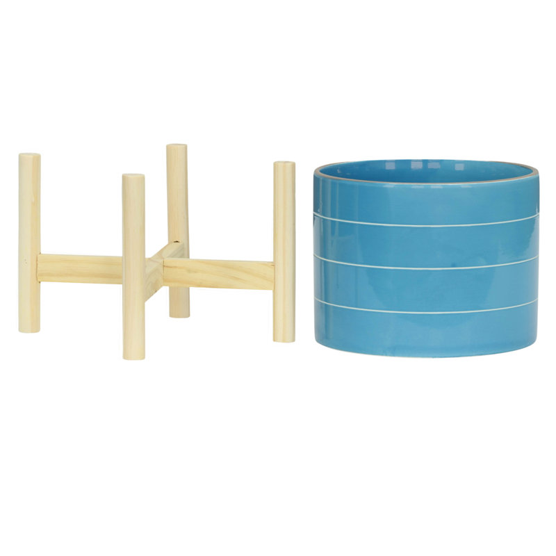 8" Striped Planter W/ Wood Stand
