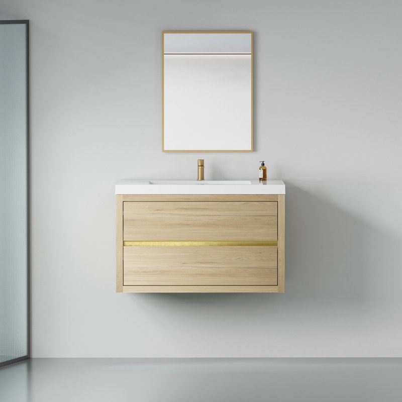 Floating Bathroom Storage Cabinet with Stone Resin Countertop, Oak Natural Wood