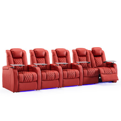 140" Wide Genuine Leather Home Theater Theater Loveseat with Cup Holder