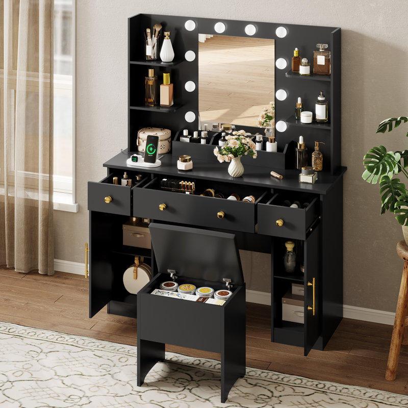 Guram Vanity Set Modern LED Makeup Desk with Mirror, Ten Light Bulbs & Desktop Dazzle Light Adjustable Brightness, 7 Drawers & Stool, Usb Power Outlet
