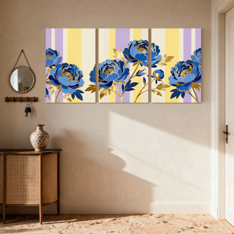 Plantes et fleurs, fleurs bleues, feuilles d'or, fond rayé, ensemble de 3 reproductions d'art sur toile, H 18 po x l 36 po