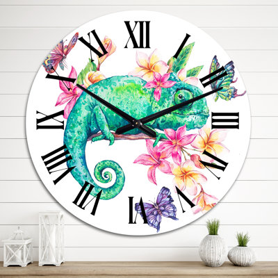 Horloge murale traditionnelle caméléon vert avec papillons et fleurs I