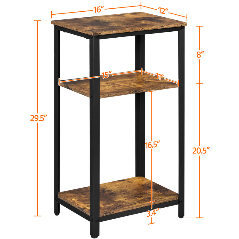 Height Side Table with Shelves, 29.5" H x 16" W x 12" D, Rustic Brown Top/Black Base, 2