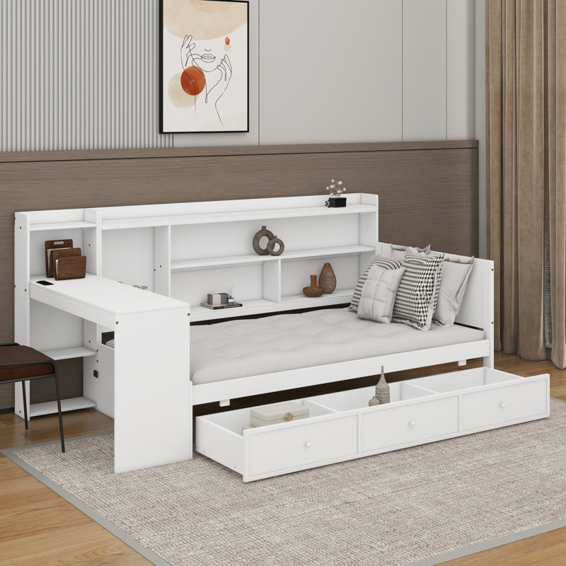 Lit de jour simple en bois avec tiroirs et bureau, Blanc