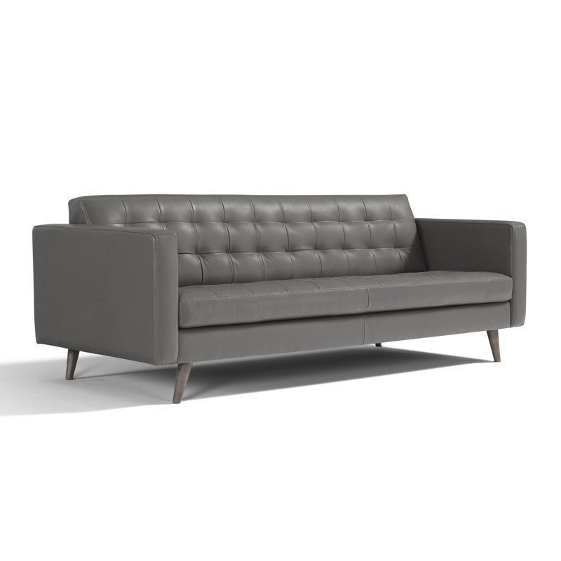 Canapé modulaire à accoudoirs carrés en cuir véritable 87 po Mekhi, Cuir véritable gris foncé
