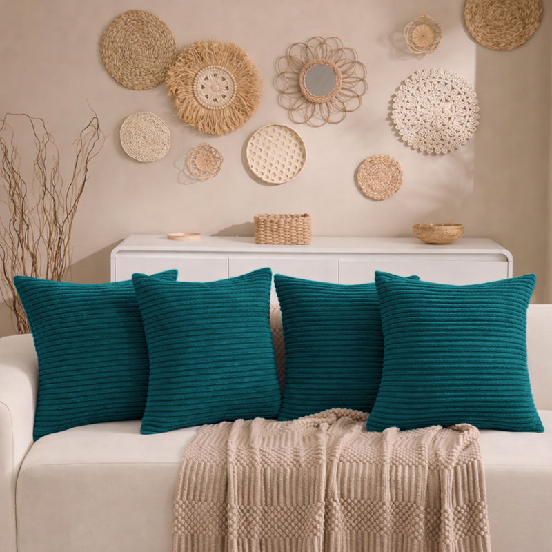 Aspire Homeware Striped Square Velvet Cushion Cover, Teal, Pack of 4