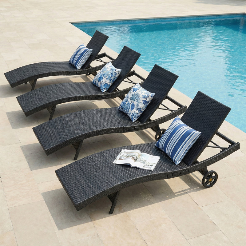Ensemble de chaise longue de 80 po en osier de patio, fauteuil inclinable d'extérieur en rotin avec roulettes, table d'appoint coulissante, dossier réglable pour le bord de la piscine