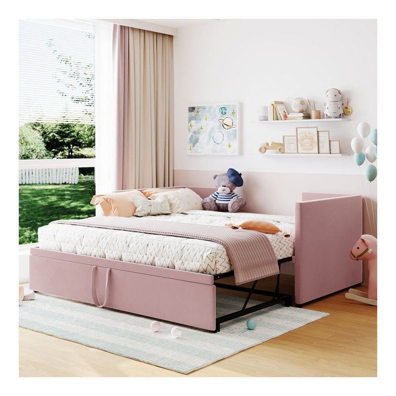 Lit de jour simple tapissier avec couchette escamotable, rose, Rose