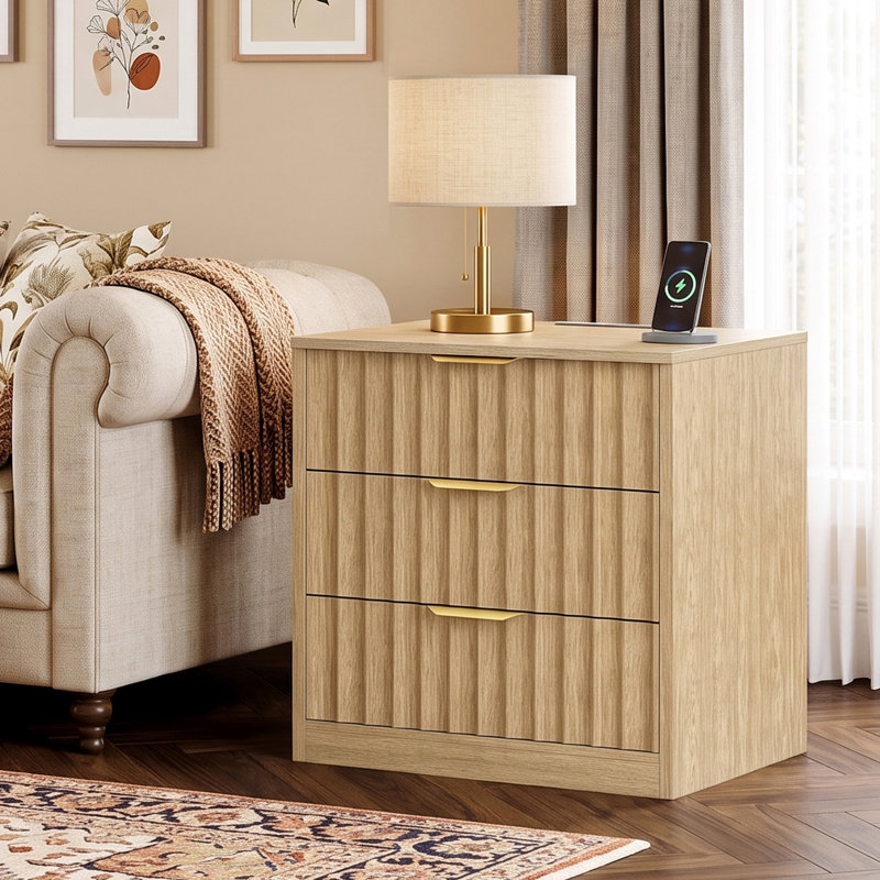 Table de chevet avec 3 tiroirs, station de charge et éclairage DEL pour la chambre à coucher, Naturel, Individuel