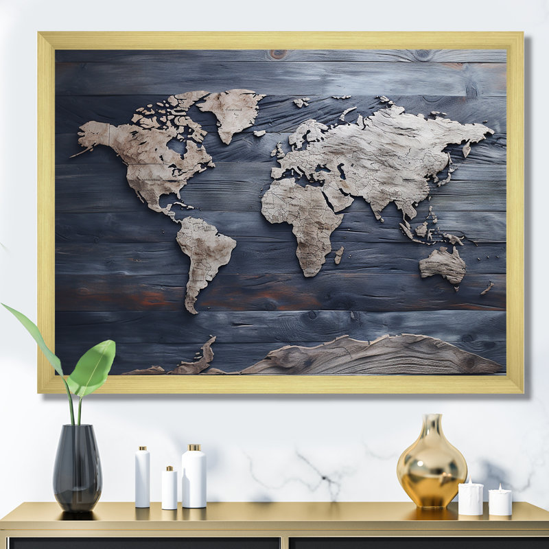 Carte du monde rustique - impression de décoration murale carte du monde, Cadre doré simple, H 12 po x l 20 po x P 1 po