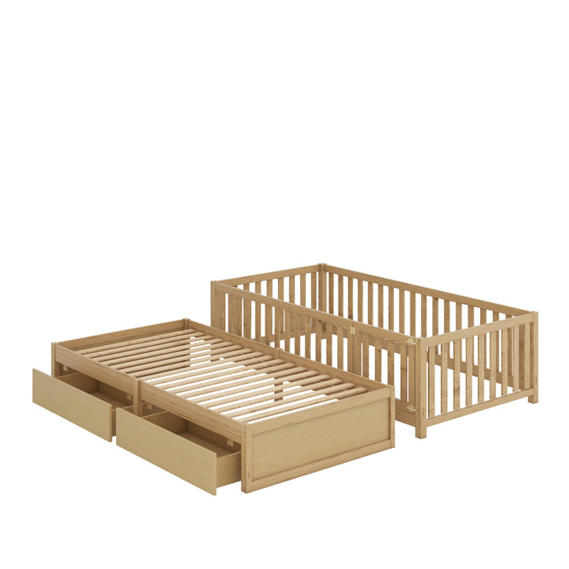 Full Size Wood Daybed With Fence Guardrails And 2 Drawers, Split Into Independent Floor Bed And Daybed, Natural
