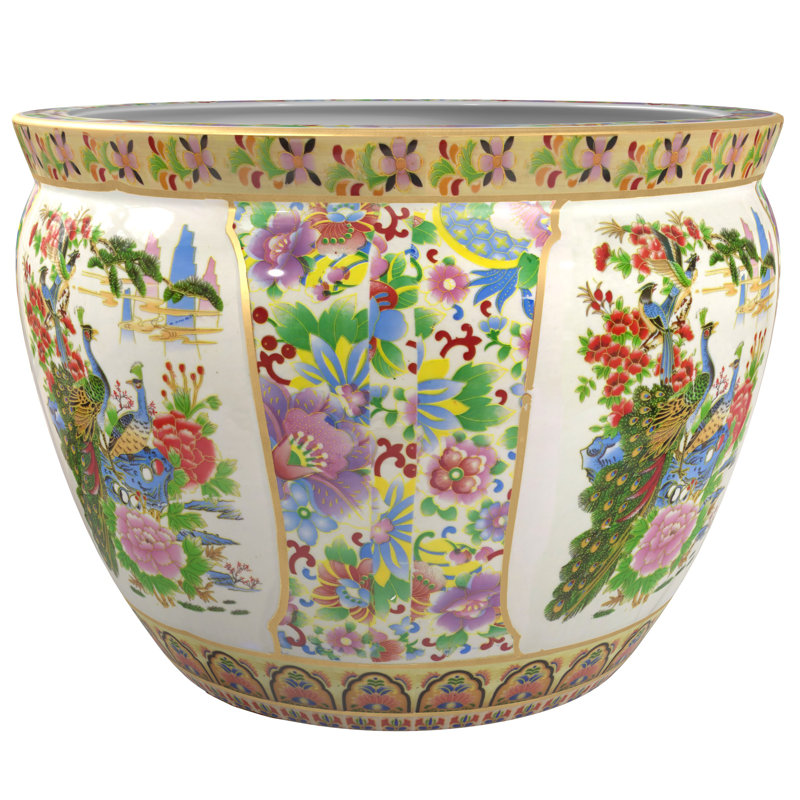 Satsuma Garden & Peacock Porcelain Fishbowl, 16.5" H x 20.5" W x 20" D, Birds and Flowers