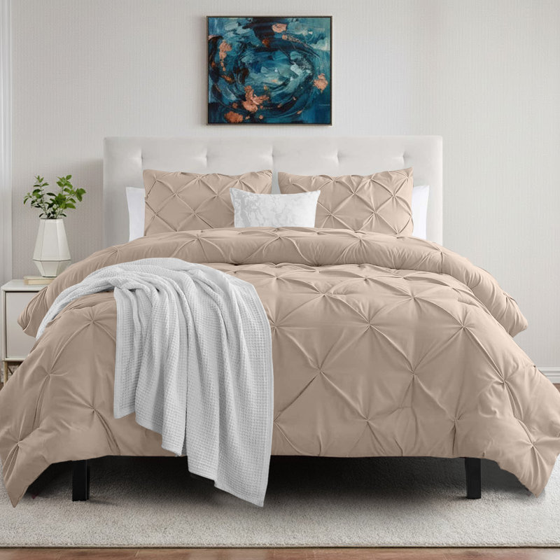 Luxury Brushed Microfiber Pintuck Duvet Cover Set - Soft, Wrinkle-Resistant, All-Season Bedding, Beige