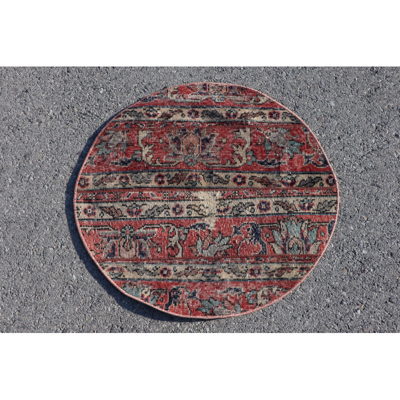 Handwoven Turkish Oushak Round Wool Rug with an Authentic Oriental Design for a Vintage Look in Small Spaces