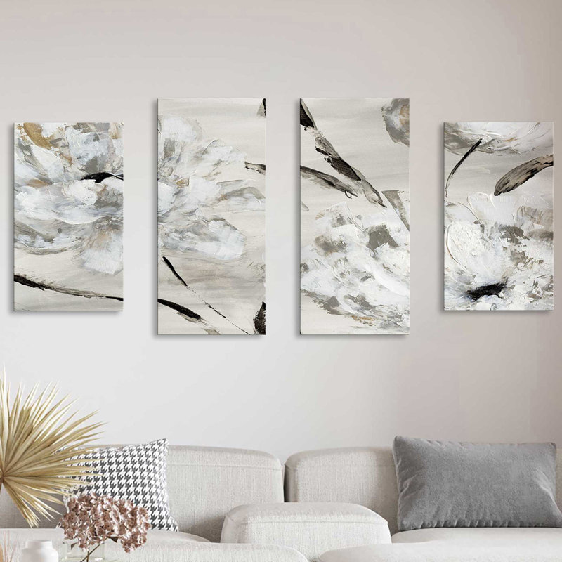 «Misty Morning Blooms On Canvas», 4 pièces par Katrina Craven, peinture, H 30 po x l 56 po x P 1 po