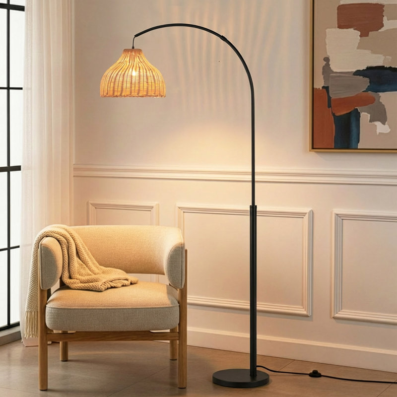 Lark 75" Modern Boho LED Arc Floor Lamp in Black with Hanging Rattan Shade, Matte Black